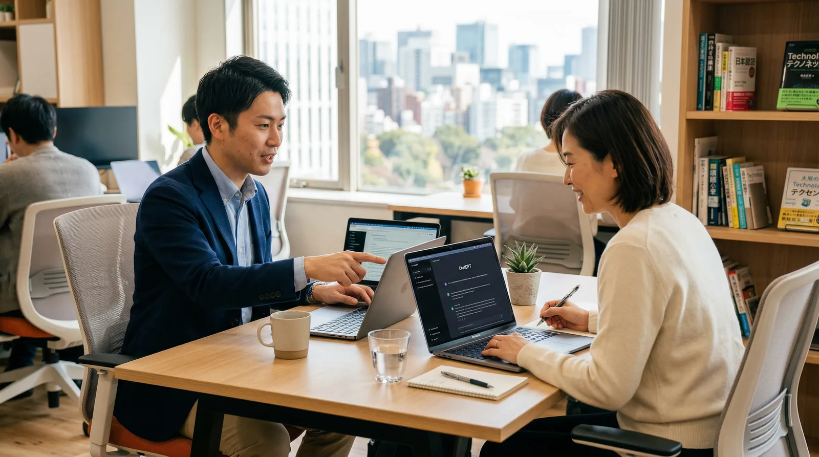 AI家庭教師の個別指導風景 — デスクで講師と受講者が並んでノートパソコンを操作している