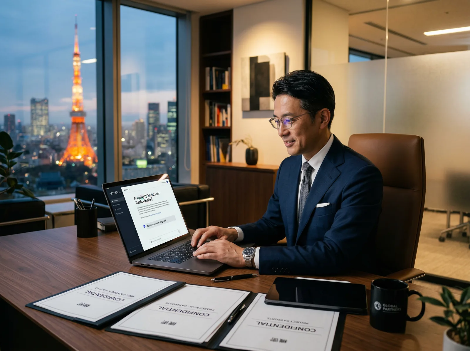 NDA書類を前にしたスーツ姿のプロフェッショナル