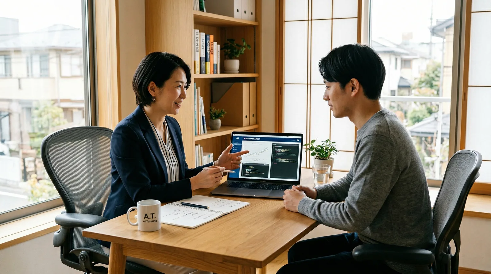 講師がオフィスを訪問し、一緒に画面を見ながら指導している様子